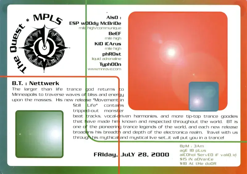 BT at The Quest Minneapolis July 28 2000 - event flyer back